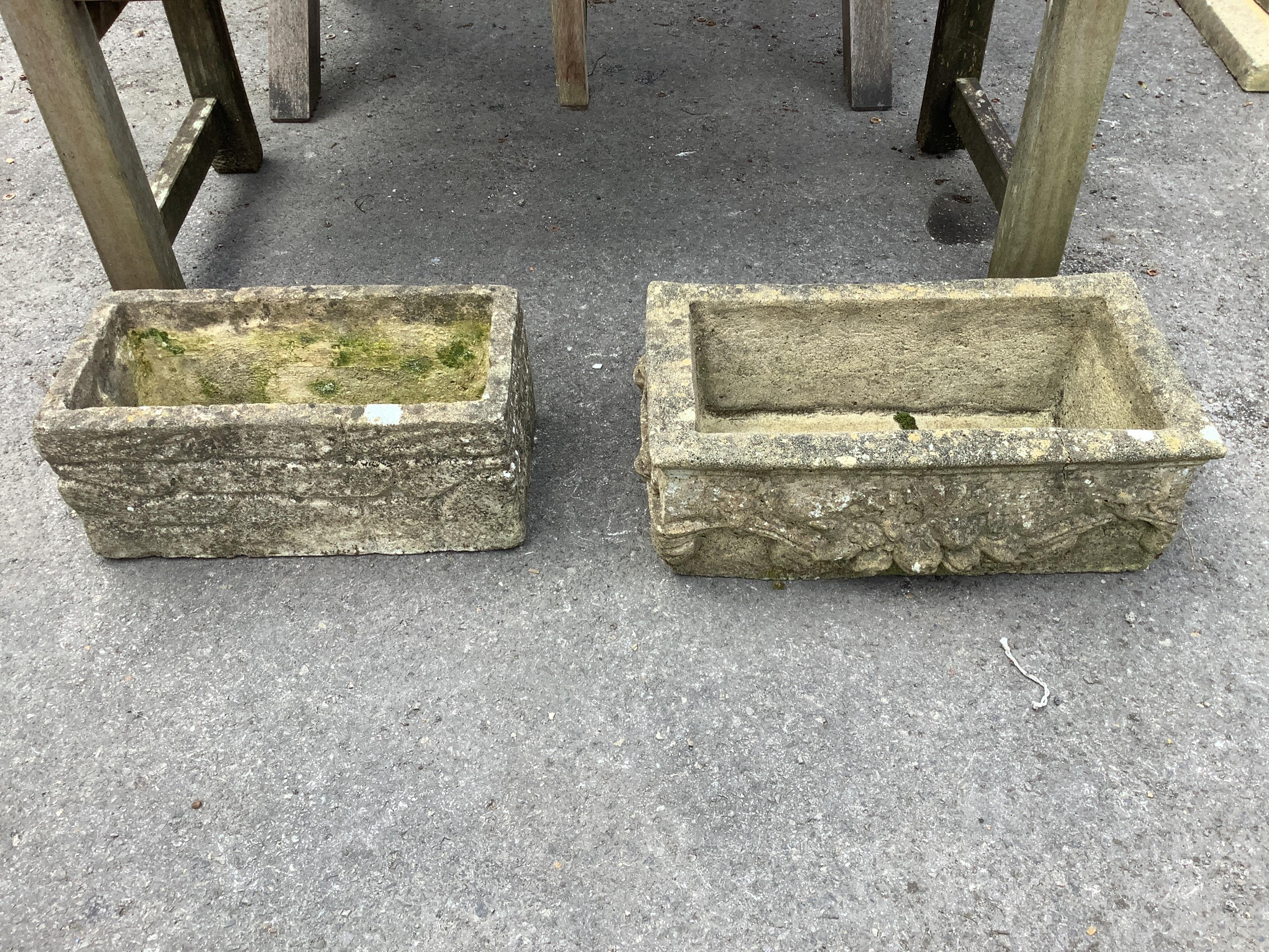 Two rectangular reconstituted stone trough garden planters, larger width 53cm, height 19cm